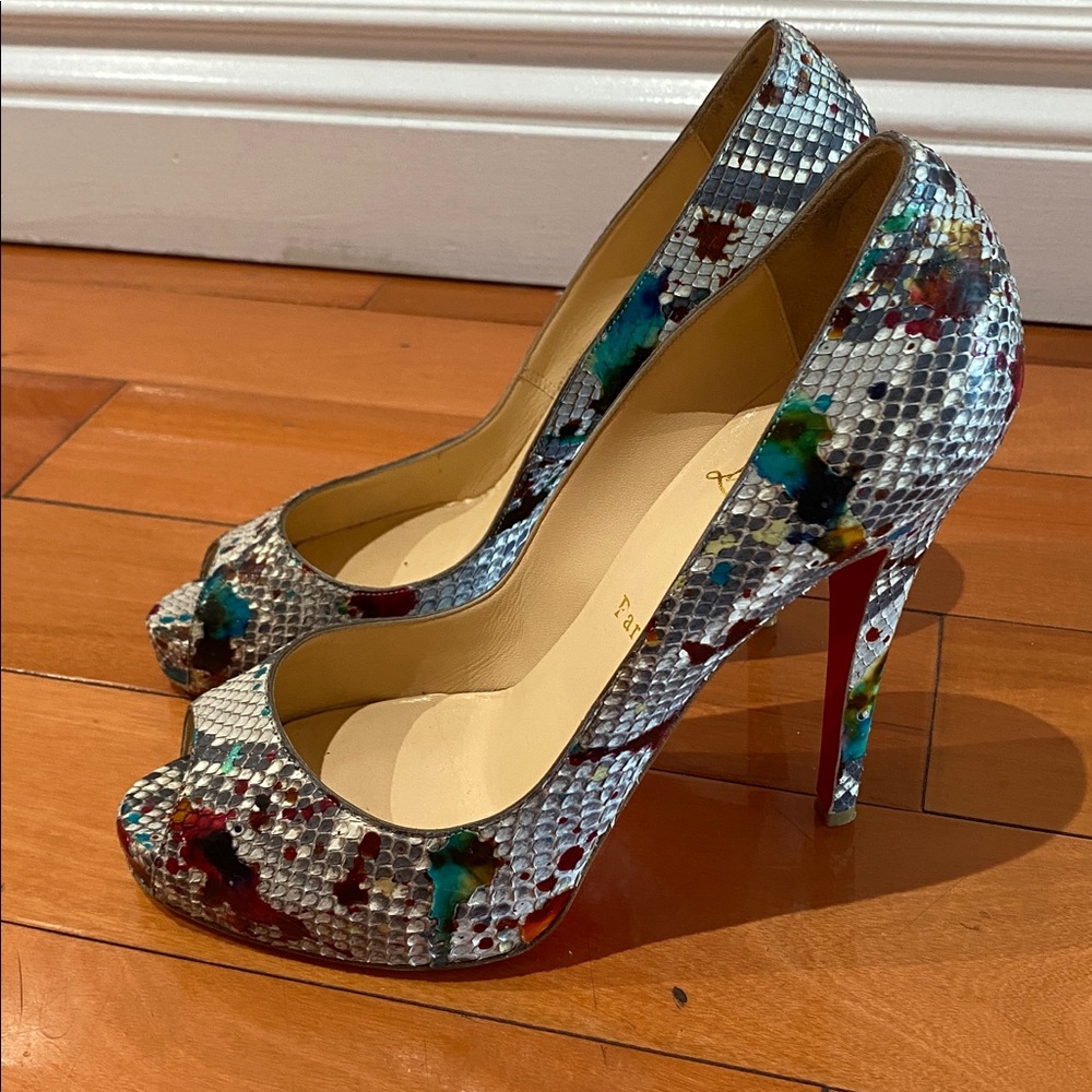 Christian Louboutin Colorful Snakeskin Peep-Toe Heels